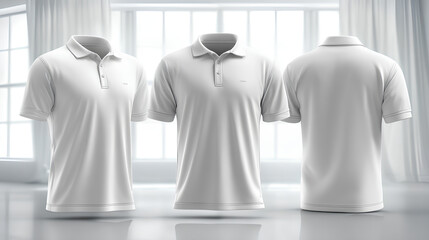 A versatile set of three plain white polo shirt mockups showing the front, back, and side views, perfect for apparel design templates