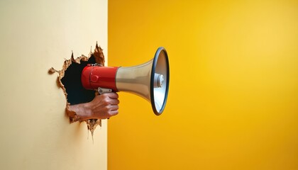 Hand holds red megaphone through torn yellow wall announcing important news. Loud shout projects sound, voice, and message. Communication, protest, and journalism themes are amplified.