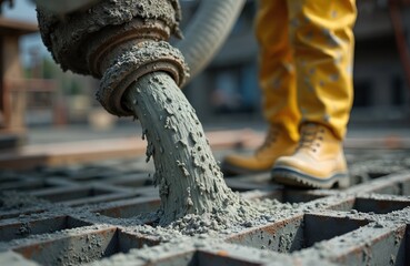 Construction worker pours wet concrete from pump hose onto steel rebar grid. Focus on process, foundation building for new home construction. Worker in yellow pants and boots, labor intensive task.