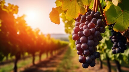 A beautiful vineyard at sunset showcasing ripe, juicy grapes hanging from the vines. This image captures the essence of nature, agriculture, and harvest season. Perfect for wine lovers and farmers. AI