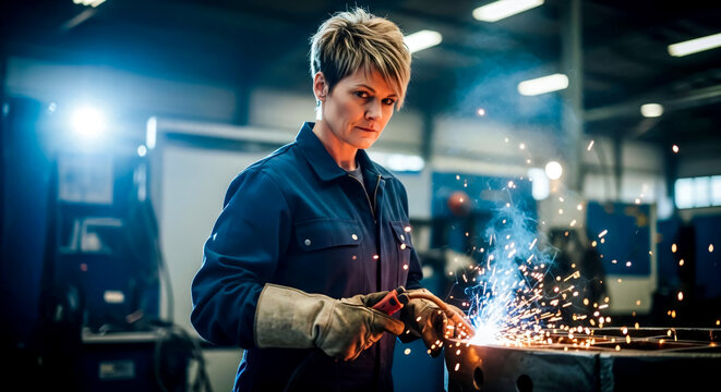 Confident female metalworker welding with precision in an industrial workshop, highlighting skill, craftsmanship, and gender diversity in trades. - Powered by Adobe
