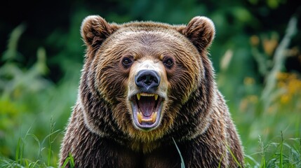 Fototapeta premium Grizzly bear, open mouth, intense gaze in forest
