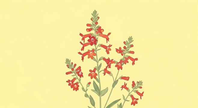 A vintage botanical illustration of a red flowering plant with tubular blossoms and green leaves on a pale yellow background.