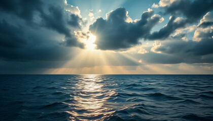 Sunlight breaking through dramatic clouds over the ocean horizon, capturing a peaceful and powerful natural moment.