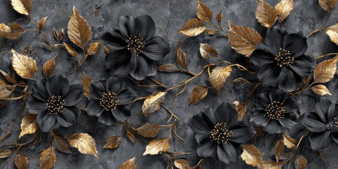 Obraz premium Dark moody floral design with gold accents on a textured background