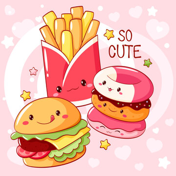 Best friends forever. Collection of cute fast food items characters. Burger, french fries, donuts in kawaii style. Can be used for t-shirt print, sticker, greeting card. Vector illustration EPS8