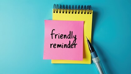 Illustration shows pink sticky note with handwritten text friendly reminder over yellow notepad. Pen lies nearby on blue background. Concept for project deadlines, task management, scheduling,