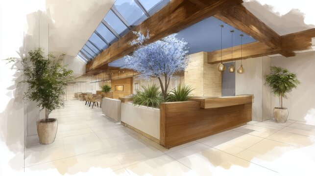 Sketching of a sustainable interior space with natural elements and minimalistic design featuring wood accents and greenery
