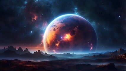 A glowing crescent planet partially hidden by a cosmic mist..Cinematic theme, HDR, Vibrant