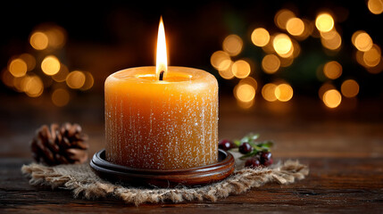 Lit candles warm glow on wooden table