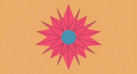 Obraz premium A stylized pink geometric starburst with a blue circular center on a solid orange background.