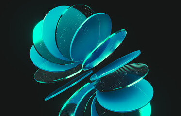 Abstract dynamic layered transparent crystal glass on dark background. 3d rendering