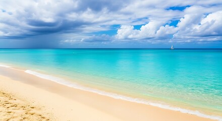 Fototapeta premium Idyllic caribbean beach scene with turquoise water and a distant sailboat