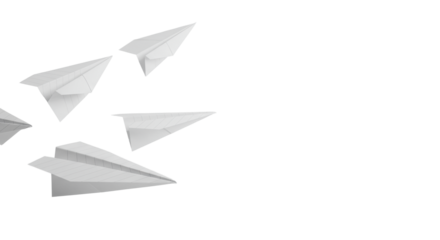 Four transparent paper airplanes, some flying, some poised for launch, against a clean light grey studio background with negative space for copy, concept of innovation and strategy execution