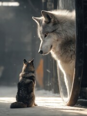Naklejka premium A small dog is standing next to a large dog, both looking at each other. The scene is taking place in a snowy environment