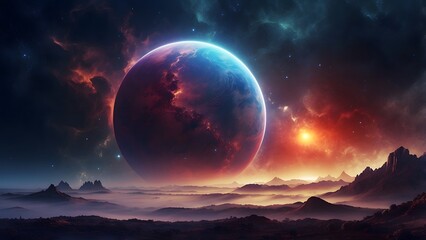 A glowing crescent planet partially hidden by a cosmic mist..Cinematic theme, HDR, Vibrant