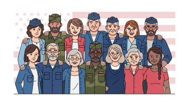Diverse group of American veterans united, celebrating service and patriotism together with pride