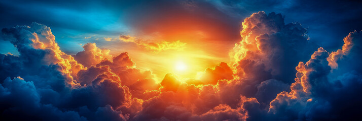 Spectacular golden hour sky with massive, fiery cumulus clouds reflecting the intense sun rays, creating a stunning contrast against deep blue twilight heavens.