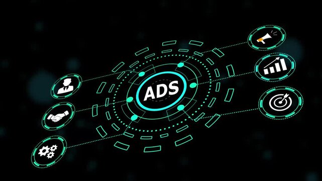Programmatic Advertising concept. Business, Technology, Internet and network concept. map background. technology background with Cyberspace binary matrix letter bits.