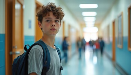 Teen student with curly hair, backpack in bright school hallway, looking forward with serious expression. Blurred background shows other students, creating atmosphere of busy campus life, learning.