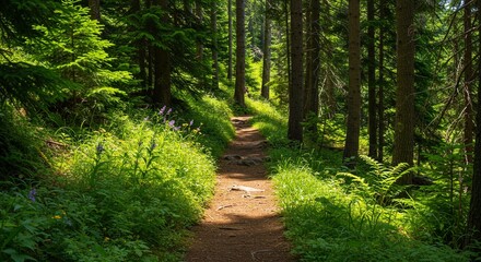Obraz premium Forest path through lush green trees