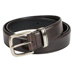 Leather belt with silver buckle isolated on transparent background  
