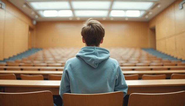 Student sits alone in empty university lecture hall. Back view of young man wearing hoodie in auditorium. Studying, learning, education concept. Thoughtful pupil in college classroom.