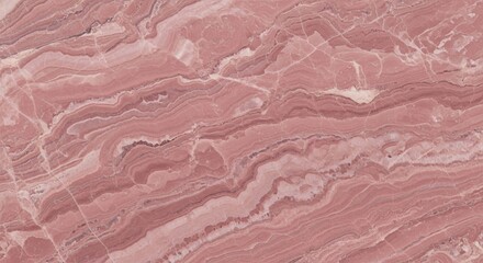 A close-up of a polished pink marble slab with elegant, wavy white and rose-colored veins.