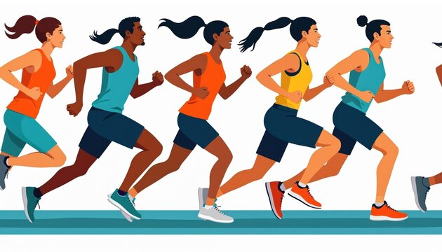 Diverse group of male, female runners jog together in dynamic illustration. Athletes with varied skin tones in athletic wear show movement, energy during race training session. Colorful art - Powered by Adobe