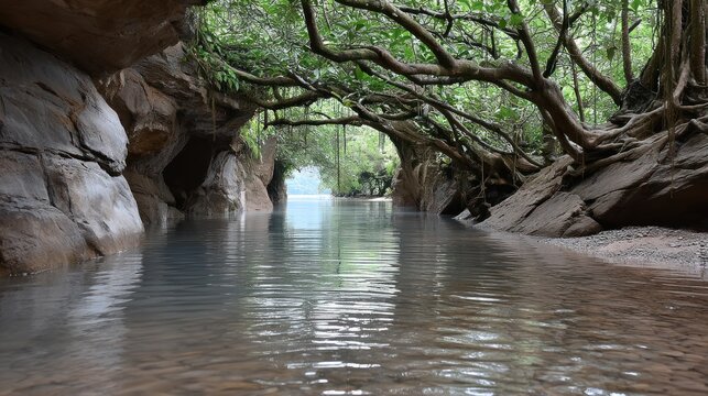 Tranquil waterway through rocky cave, lush foliage overhead