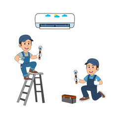  Cartoon Man Technician Fiz Air Compressor With Partner Simple Design Icon Digital