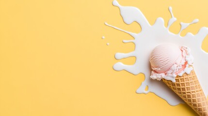 Fototapeta premium Melting strawberry ice cream cone on yellow background