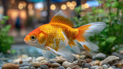 Ornate goldfish swims peacefully among pebbles