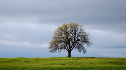 Obraz premium Solitary Tree in Meadow Under Overcast Sky Simple Nature Scene