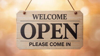 Rustic wooden welcome open please come in hanging sign with soft bokeh background