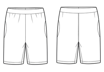 Men's knee-length shorts flat sketch, front and back view, cad vector template, fashion technical drawing, summer clothing design illustration