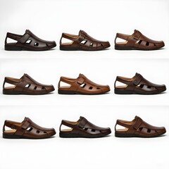 Brown casual sandals and footwear variety display