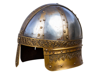 Close-up of Ornate Viking Helmet with Engraved Patterns, isolated on transparent background