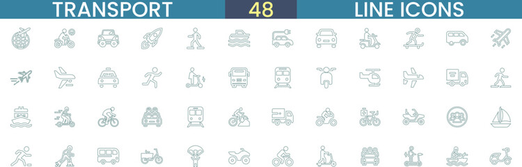 Transport Line Icons Set – 48 Vector Illustrations for Travel and Logistics Designs