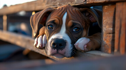 Close-up portrait of an adorable brown and white puppy with soulful, curious eyes peeking charmingly through rustic wooden slats bathed in soft, golden light.