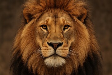 Obraz premium Close-up portrait of a powerful male lion looking intently into the camera, showcasing its regal and majestic presence