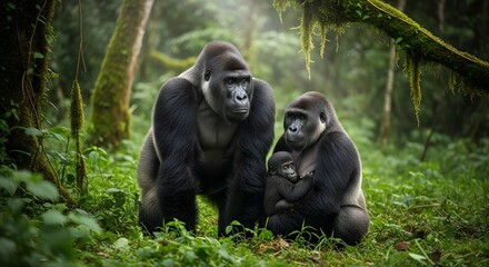 A majestic silverback gorilla family sits together, a powerful portrait of bonding and protection in their natural rainforest habitat