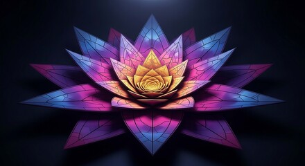 A mystical, glowing lotus flower with intricate, symmetrical geometric petals in vibrant blue, purple, and gold.