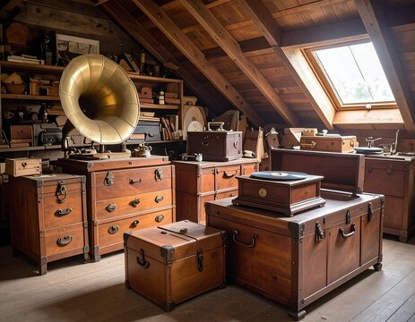 Antique treasures: A captivating attic scene with vintage phonograph and wooden trunks