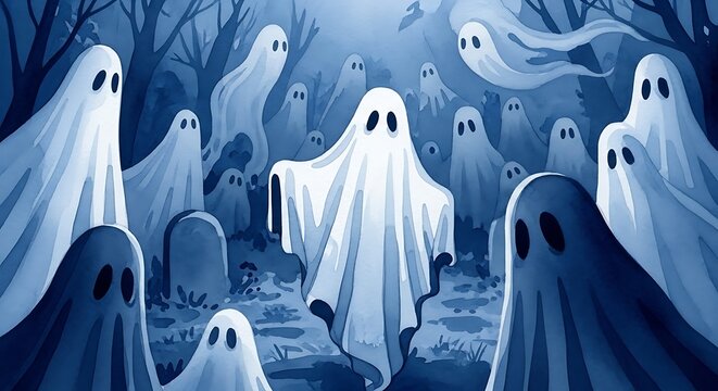 Mysterious gathering of ghostly figures in a chilling blue moonlit night scene
