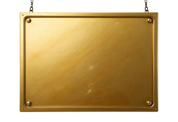 Fototapeta premium Golden Metal Signboard Hanging from Chains – Isolated PNG for Commercial Use.