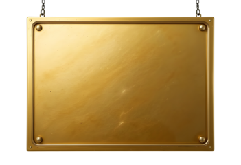 Golden Metal Signboard Hanging from Chains – Isolated PNG for Commercial Use.