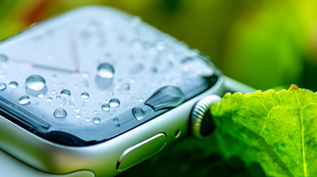 Smartwatch with Clear Water Droplets on Screen and Bezel in a Natural Green Environment - Powered by Adobe