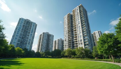 Modern residential apartment blocks featuring contemporary architecture with balconies, set within green surroundings under clear blue sky. High-rise buildings offer sustainable living, expansive