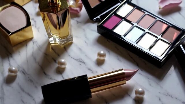 Aesthetic flat lay of luxury cosmetic products on a marble surface, soft lighting, slow camera pan
